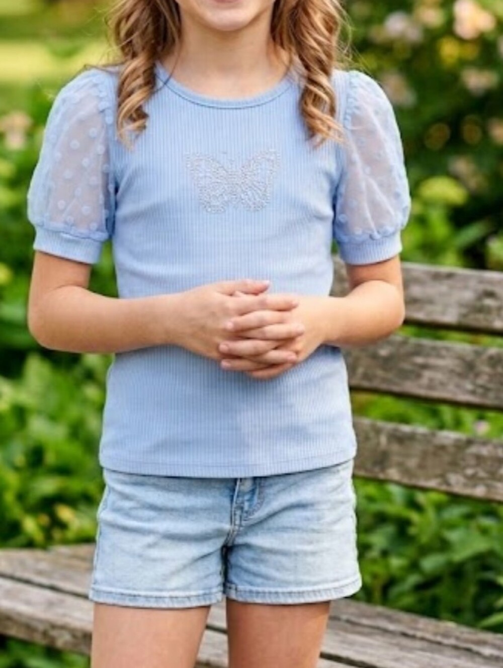 Dreamgirl Light Blue Ribbed Tee with Rhinestone Butterfly